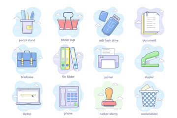 Office supplies concept flat icons set. Bundle of pencil stand, binder cup, wastebasket, document, briefcase, printer, stapler, laptop and other. Conceptual pack color symbols for mobile app