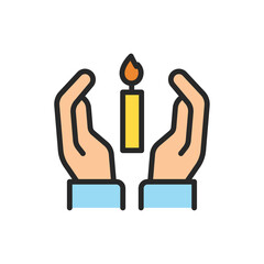Hands holding condolence candle color line icon. Isolated vector element.