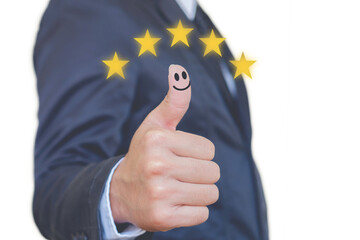 Customer satisfaction scoring concept, five-star rating, thumbs up to show the smiling face icon for satisfied with the quality of excellent service.