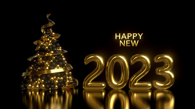 Happy new year 2023 background with christmas tree. 3d render illustration