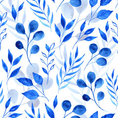 Seamless pattern with blue watercolor hand painted leaves and branches on white background.