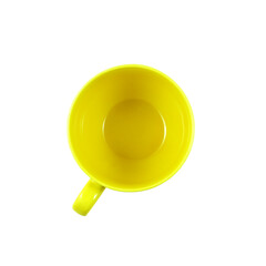 Yellow mug isolated on white background. View from above. Coffee mug, tea cup. High quality photo.