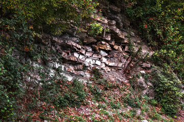 The natural texture of a mountain cliff with cracks and vegetation. Textured background of a mountain rock on an autumn day. Abstract background image of the rocky mountains. Textured mountainside.