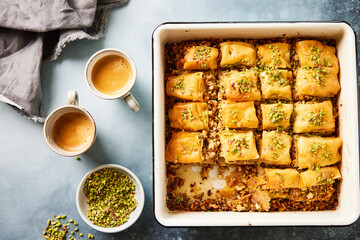 Landscape image of homemade walnut baklava with golden brown phyllo pastry and a pistachio topping