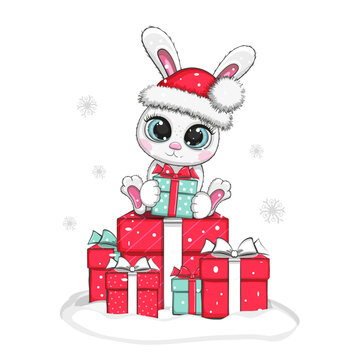 New Year's cute bunny in a red hat with a bumbon holds a gift and sits on the gifts isolated