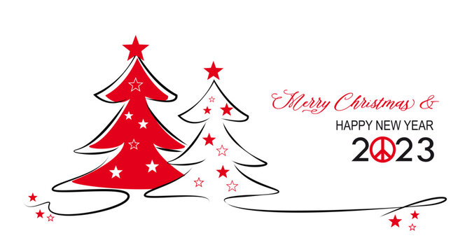 zwei weihnachtsb&auml;ume mit merry christmas and happy new year 2023