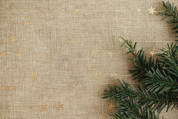 Fir branches border on golden rustic background. Christmas tree branches on festive background,...