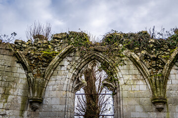 Ruines d'une ancienne église avec arches et portes gothiques au milieu de la végétation