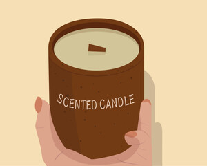 Illustration candle in hand. Vector illustration. Idea of hygge comfort and coziness	
