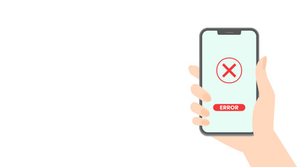 ×とERRORの文字が表示されたスマートフォンを持つ女性の手 - スマホのエラー表示･スマホ決済のイメージ素材

