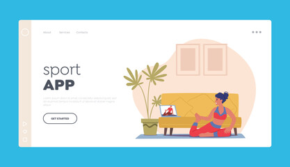 Sport App Landing Page Template. Woman Sport Activity at Home with Online Instructor. Female Character Watch Exercises