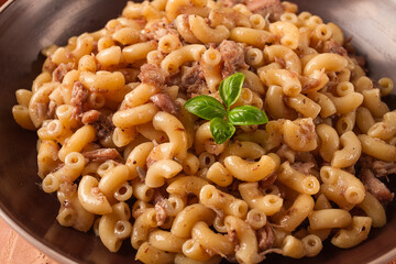 Pasta with stewed meat, pasta in the navy, horns, homemade, no people,