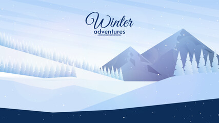 Vector illustration. Winter landscape with beautiful mountains with hills and forest. Design for wallpaper, background, banner. 