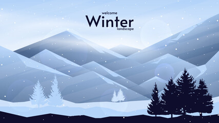 Vector illustration. Winter landscape with beautiful mountains. Alps style. Natural silhouettes of tree. Design for wallpaper, background, banner. 