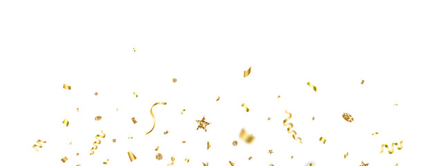 Golden confetti with glitter star frame. Christmas Holiday banner. Anniversary celebration background. Falling shiny gold confetti. Luxury festive tinsel. Birthday party backdrop. Vector illustration