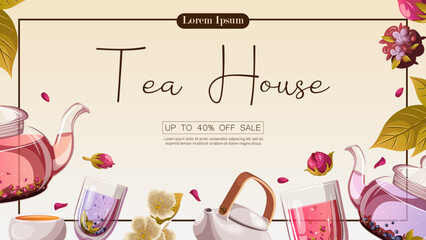 Teapots,kettles,cups,mugs,tea,leaves,rosebuds,flowers,text on neutral. Tea shop,cafe-bar,tea party,beverages concept. Vector illustration for poster,banner,flyer,menu,advertising. 