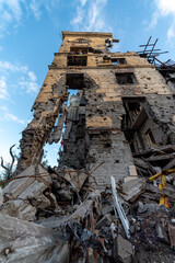 destroyed and burned houses in the city during the war in Ukraine