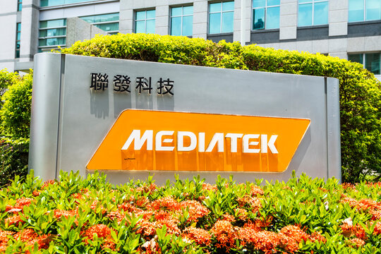 Taipei, Taiwan- July 25, 2022: Close-up of the MediaTek Inc logo in Neihu Technology Park, Taipei, Taiwan. It is a Taiwanese fabless semiconductor company.