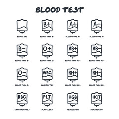 Blood bag with plasma. Doodle thin line icons set. Blood donation. Different blood types. Leukocytes, platelets, hematocrit, erythrocytes. Vector illustration.