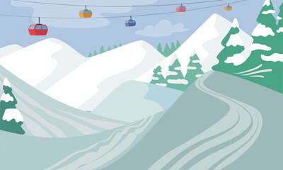Mountain Ski Resort, Alps Winter Landscape with Ropeway, Snowy Rock Peaks, Spruces, Cable Car, Funicular © Anna Syvak