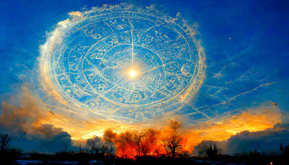 The astrological and circular zodiac is visible in the beautiful golden clouds in the landscape. It provokes a feeling of omniscience and allows one to see the astral future of a person.