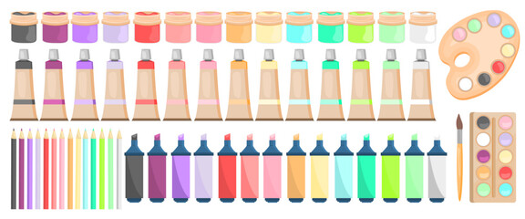 Vector cartoon paint set for drawing. A design element for creativity and crafts.