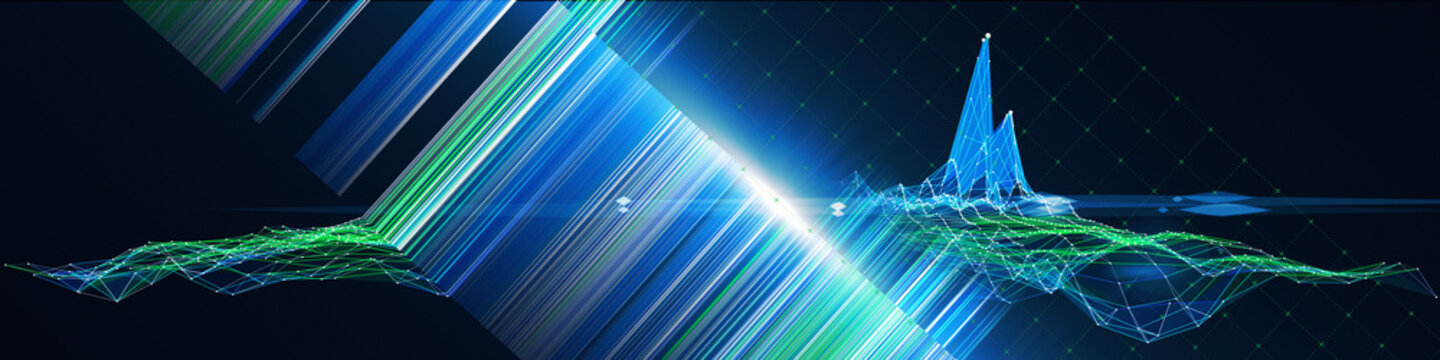 Abstract  background polygonal grid with color blurred lines. Presentation concept of glow algorithms data grid. Big Data.  Banner for business, science and technology.