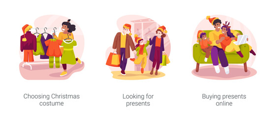 Christmas shopping isolated cartoon vector illustration set