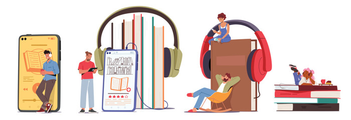 Tiny Sitting Characters Listen Online Books At Huge Pile , Smartphone And Headphones. Online Reading, Virtual Library