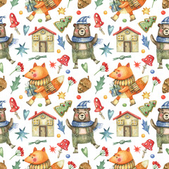 Christmas, New Year seamless pattern with cute fox and bear animals, house, winter leaves, fly agaric, stars. Watercolor background.