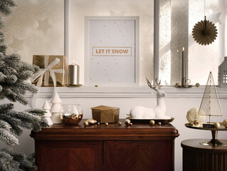 Cozy and stylish christmas living room interior with design armchair, retro shelf, mock up poster...