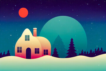 A Christmas illustration for children showing a warm home or friendly village during the night of winter. Snow and magical star. Poetic and tender image,