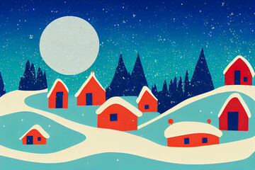 Fototapeta na wymiar This illustration shows a warm home or friendly village during the night of winter. The snow and magical star add a poetic and tender touch to the image.