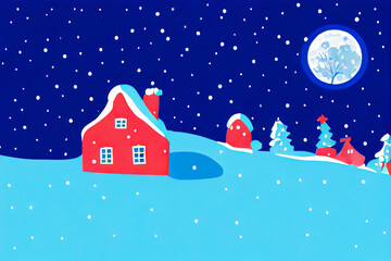 Fototapeta premium This Christmas illustration shows a warm home or friendly village during the night of winter. The snow and magical stars are beautiful together. It's a poetic and tender image.