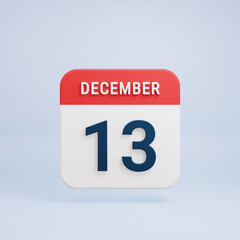 December Realistic Calendar Icon 3D Rendered Date December 13
