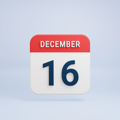 Fototapeta na wymiar December Realistic Calendar Icon 3D Rendered Date December 16
