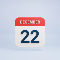 December Realistic Calendar Icon 3D Rendered Date December 22