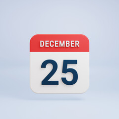 December Realistic Calendar Icon 3D Rendered Date December 25
