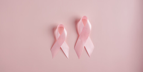 Pink ribbons on colored background, Breast cancer awareness, world cancer day, national cancer survivor day in february concept.