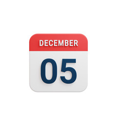 December Realistic Calendar Icon 3D Rendered Date December 05
