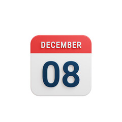 December Realistic Calendar Icon 3D Rendered Date December 08