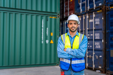 male engineers in a container shipping company Consulting to check the order for the container that is responsible