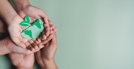 Hands holding growing tree on earth, ESG Environmental, environmental, social, and governance in sustainable and ethical business on the Network connection