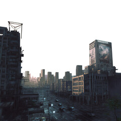 city skyline. War zone city. Futuristic post apocalypse city ruins. Isolated transparent background. 