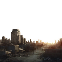 Obraz premium A vast cityscape skyline. Post apocalypse ruins. Post war town. Destroyed highway crossing city. Sunset. Isolated transparent background. 