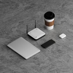 ORTHOGRAPHIC VIEW OF LAPTOP, ROUTER, MOBILE PHONE, COFFEE CUP AND AIRPODS DISPLAYING ON CONCRETE FLOOR