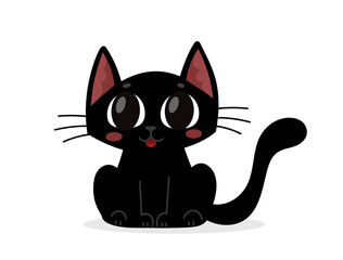 Vector illustration of happy cute black cat character with red cheeks on white color background. Flat style design of animal cat