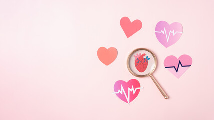 heart health care and donation concept, magnifier focus to heart organ anatomy icon, health care,...