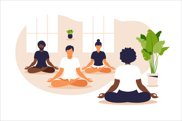 Yoga group. Position balance and stretching. People sitting together in the lotus position, they are practicing mindfulness meditation and yoga, healthy lifestyle and spirituality concept. Vector.