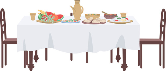 Dinner party serving semi flat color raster object. Full sized item on white. Interior item. Part of house arrangement simple cartoon style illustration for web graphic design and animation